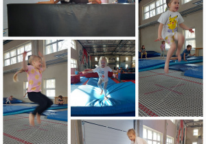 dzieci skaczą na trampolinach