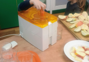 chłopiec w okularach wkłada marchewke do sokowirówki