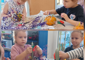 Dzieci tworzą jesienne dekoracje z małych dyń, suszonych roślin i świec podczas warsztatów plastycznych przy stole.