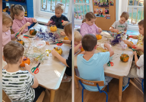 Dzieci tworzą jesienne dekoracje z małych dyń, suszonych roślin i świec podczas warsztatów plastycznych przy stole.