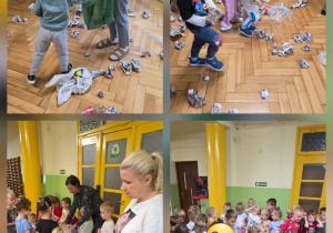 Grupa przedszkolaków zbiera porozrzucane na podłodze odpady, ćwicząc zasady segregacji śmieci.