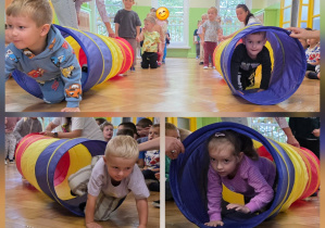 Dzieci pokonują kolorowy tunel podczas sportowych konkurencji z okazji Dnia Przedszkolaka, rozwijając sprawność ruchową i koordynację.