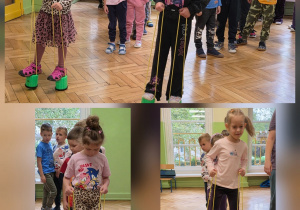 Dzieci próbują swoich sił w chodzeniu na szczudłach podczas zawodów sportowych, ćwicząc równowagę i koordynację ruchową